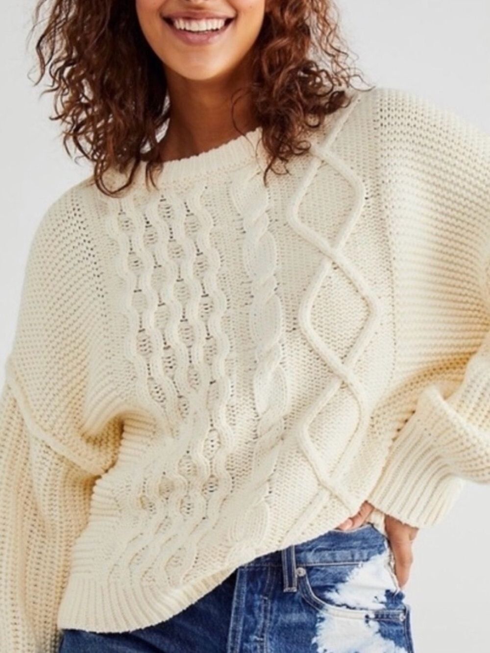 Free People Ivory Cable Knit Sweater Large